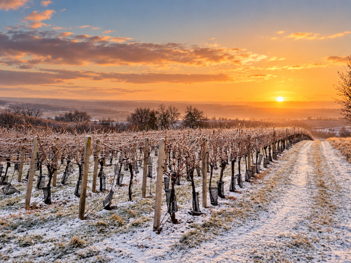 Frosted winter vineyard rows at sunset near Mutěnice